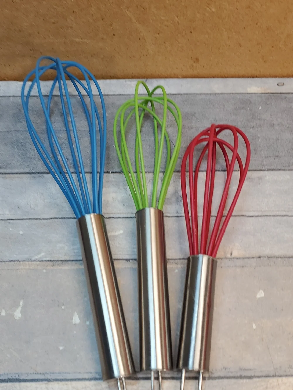 Stainless Steel Whisk Set with Blue, Green, and Red Silicone Heads NIP